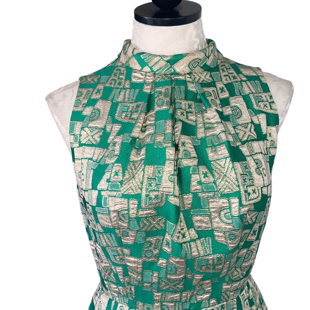 Vintage Womens Dress Size Small Green Geometric Print Maxi Casual Pleated - Picture 8 of 16